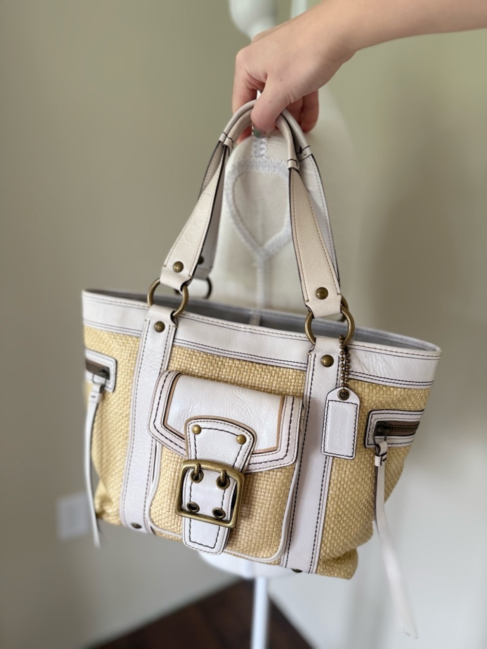 Vintage Coach Legacy Straw & Leather Tote White Brass Accents Y2K Coach 113 - Picture 6 of 10